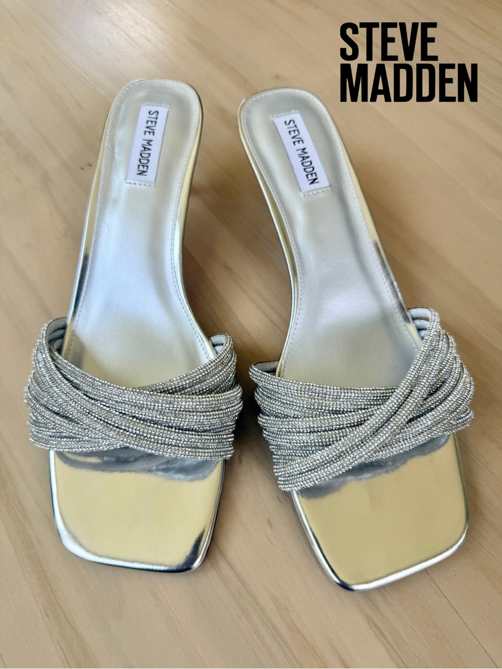 NWOT Steve Madden Metallic Silver Crystal Strappy Mules Kitten Heel 12M
